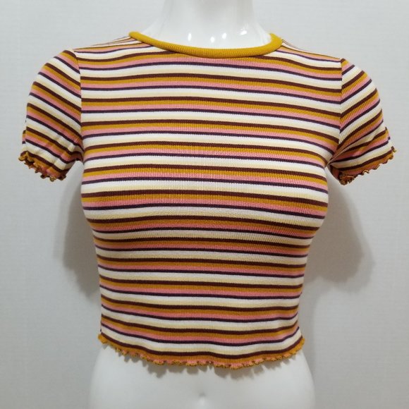 Wild Fable top Small retro striped ribbed knit cropped scalloped lettuce hems - Picture 1 of 10